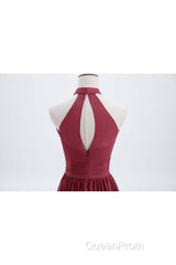 High Neck Burgundy Chiffon A-line Long Bridesmaid Dresses