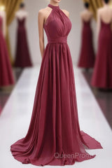 High Neck Burgundy Chiffon A-line Long Bridesmaid Dresses