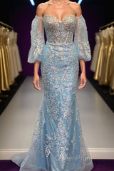 Light Blue Off-Shoulder Floral Appliques Mermaid Long Evening Prom Dresses
