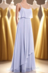 Lavender Chiffon Spaghetti Straps Ruffled A-Line Long Dresses