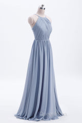 Misty Blue Scoop Chiffon A-line Long Bridesmaid Dresses