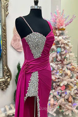 Asymmetrical Magenta Beaded Long Formal Dresses with Attached Train
