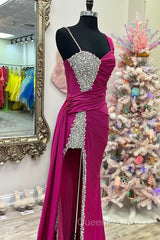 Asymmetrical Magenta Beaded Long Formal Dresses with Attached Train