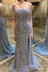 Double Straps Lace-Up Sequins Long Evening Prom Dresses with Slit