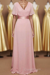 Pink V-Neck Ruffled A-Line Long Bridesmaid Dresses