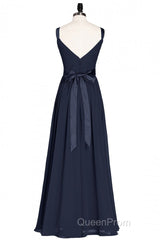 Navy Blue V-Neck Tie-Back A-Line Long Bridesmaid Dresses