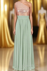 Rose Gold Sequins One-Shoulder Long Bridesmaid Dresses