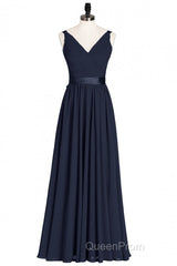 Navy Blue V-Neck Tie-Back A-Line Long Bridesmaid Dresses