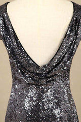 Black Sequin Cap Sleeve Backless Long Bridesmaid Dresses