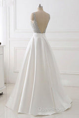 A Line Brush Train Deep V Neck Sleeveless Beading Evening Prom Dresses