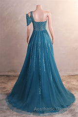 One-Shoulder Beading Sweep Train Backless Evening Dresses