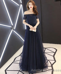 Dark Blue Tulle Long Prom Dress Blue Tulle Evening Dress