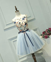 Gray Blue Tulle Short Evening Prom Dresses, Tulle Homecoming Dresses
