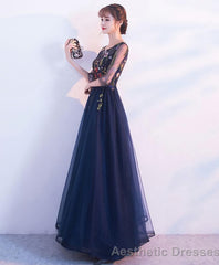 Dark Blue Tulle Lace Long Prom Dress Blue Evening Dress