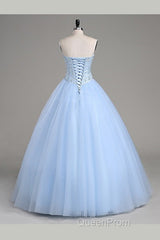 Light Blue Ball Gown Floor Length Sweetheart Strapless Sleevless Beading Evening Prom Dresses