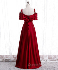 Burgundy Satin Beads Long Evening Prom Dresses, Burgundy Evening Dresses