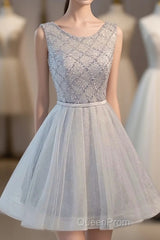 Gray Tulle Beads Short Evening Prom Dresses, Gray Homecoming Dresses