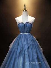Blue Sweetheart Neck Tulle Long Evening Prom Dresses, Blue Evening Dresses