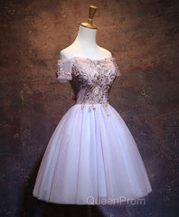 Cute Lace Applique Tulle Short Evening Prom Dresses, Homecoming Dresses