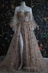 Chic Long Sweetheart Front Split Star Evening Prom Dresses With Sleeves