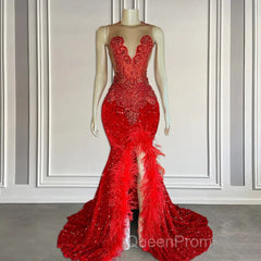 Red Sleeveless Sequins Mermaid Evening Prom Dresses with Front Slit Beadings and Feathers