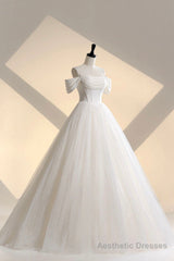 Ivory Tulle Off the Shoulder Formal Gown, Elegant A-Line Wedding Dress