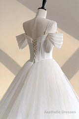 Ivory Tulle Off the Shoulder Formal Gown, Elegant A-Line Wedding Dress
