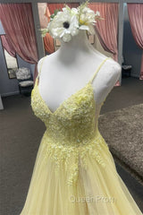 Light Yellow Deep V Appliques Long Evening Prom Dresses with Slit