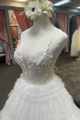 White Floral Plunging V Layers Long Evening Prom Dresses