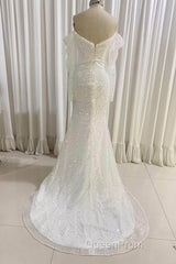 Ivory Mermaid Sequined Evening Prom Dresses with Long Sleeves, Sparkly Long Party Dresses