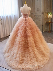 Unique V Neck Tulle Sequin Orange Pink Long Evening Prom Dresses, Orange Pink Sweet 16 Dresses