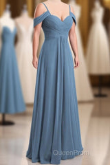 Dusty Blue Chiffon Cold Shoulder A-Line Long Bridesmaid Dresses