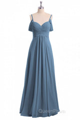 Dusty Blue Chiffon Cold Shoulder A-Line Long Bridesmaid Dresses