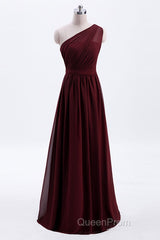 One Shoulder Burgundy A-line Chiffon Long Bridesmaid Dresses