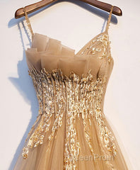 Champagne Tulle Lace Long Evening Prom Dresses, Champagne Evening Dresses, 9