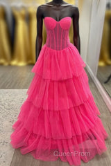 Hot Pink Strapless Layers Tulle A-line Long Evening Prom Dresses