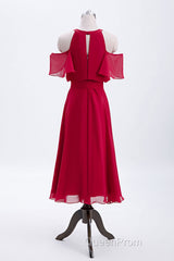 Red Chiffon Cold Sleeves Short Ruffles Bridesmaid Dresses