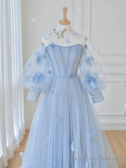 Blue Tulle Lace Long Prom Dress, Blue Tulle Lace Long Evening Dress