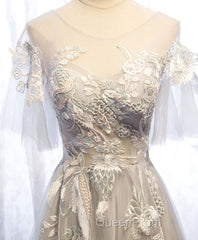 Gray Tulle Lace Long Evening Prom Dresses, Gray Tulle Lace Evening Dresses, 5