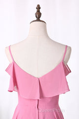 Pink Chiffon Straps Ruffled A-Line Long Bridesmaid Dresses