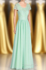 Sage Green Lace and Chiffon Cap Sleeve A-Line Long Bridesmaid Dresses