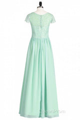 Sage Green Lace and Chiffon Cap Sleeve A-Line Long Bridesmaid Dresses