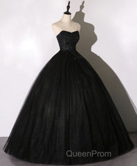 Black Sweetheart Neck Tulle Long Evening Prom Dresses, Black Evening Dresses