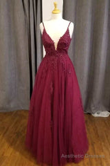 Wine Lace Appliques V-Neck A-Line Prom Dress