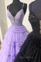 Black Layers Plunging V A-line Floral Long Evening Prom Dresses