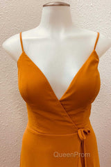 Rust V-Neck Spaghetti Straps Ruffled Long Bridesmaid Dresses