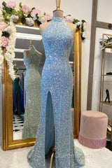 Blue Sequin Halter Long Formal Dresses with Slit