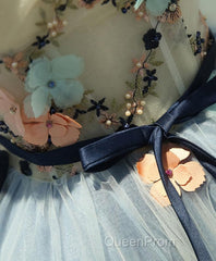 Gray Blue Tulle Short Evening Prom Dresses, Tulle Homecoming Dresses