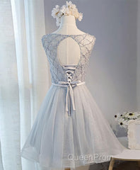 Gray Tulle Beads Short Evening Prom Dresses, Gray Homecoming Dresses