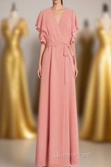 Peach Wrap Ruffled Long Bridesmaid Dresses